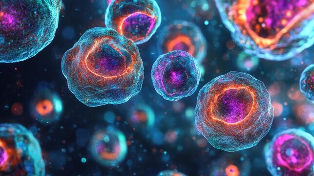 A vibrant depiction of cells, showcasing intricate structures and vibrant colors, illustrating the beauty of microscopic life.
