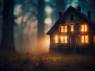 Abandoned house in a forest. Halloween night.