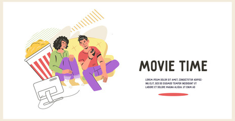 Movies Night and Streaming TV, Shows Advertising Banner. Online movie, stream service in smart tv and demand video (VOD) in television. Flat vector illustration.