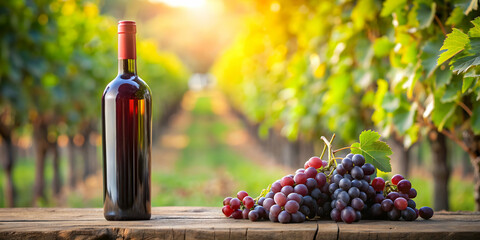 Fototapeta premium Red grape wine bottle in a grape grove background, wine, red, grape, vineyard, alcohol, beverage, drink, bottle, winery