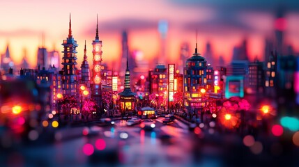 Fototapeta premium Vibrant 3D Paper Art Cityscape at Sunset with Towering Buildings and Neon Lights in a Futuristic Setting