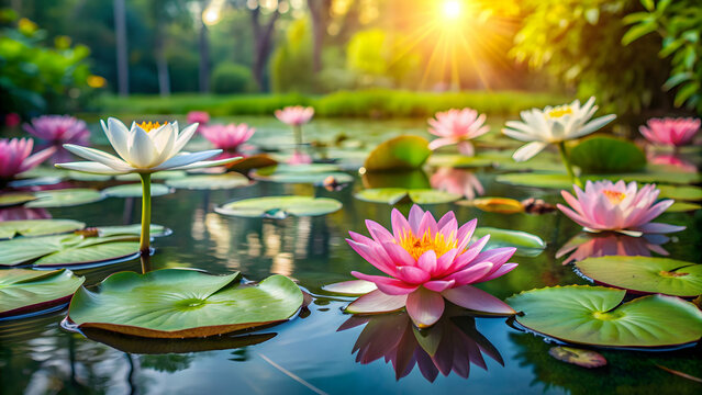 Fototapeta Tranquil lotus pond scene with blooming flowers and lily pads, lotus, pond, nature,CG, water, serene, tranquil, flowers