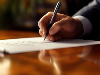 Close-up of a hand signing a document with a pen.