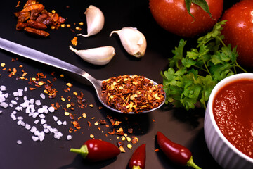 ingredients for making ketchup. ketchup in a white bowl on the table with tomatoes and parsley.