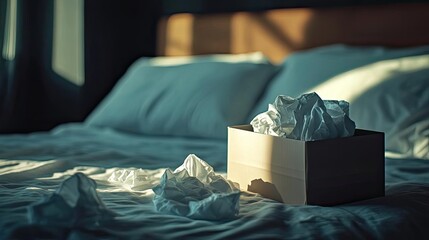 A cozy bedroom scene featuring a box of crumpled tissues on a bed, highlighting feelings of comfort and ease.
