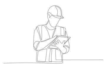 Oil mine workers checking files. Oil field work concept one-line drawing