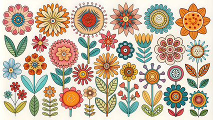 Abstract retro flower art set with organic doodle shapes in trendy naive style floral, botanical, , abstract, retro, flower, art