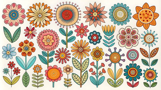 Abstract retro flower art set with organic doodle shapes in trendy naive style floral, botanical, , abstract, retro, flower, art