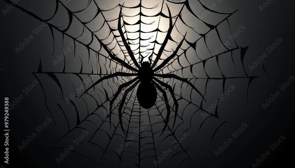 Poster  Intricate spider web with a single spider casting a mysterious shadow