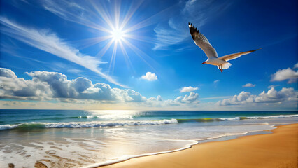 Fototapeta premium Sunny beach with seagull flying overhead, seagull, beach, sand, ocean, waves, shore, sunny, bird, flying, blue sky