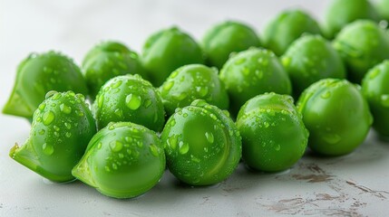 Fresh, glistening green peas arranged artfully on a rustic surface with droplets of water reflecting light. Generative AI