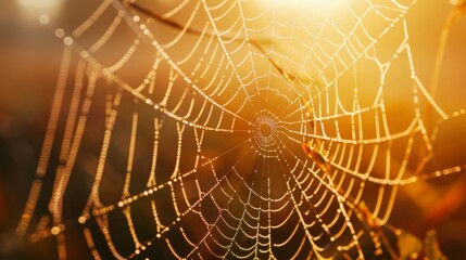 Close-up of dew on a spider web in the early morning light