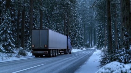 A blue semi-truck transports cargo along a winding road, surrounded by tall snow-covered trees under a cloudy winter sky. The scene captures the essence of a chilly journey