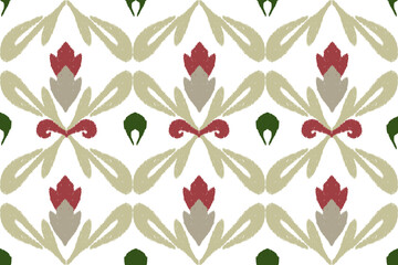 Red, brown, and white embroidery, motif ethnic ikat seamless textile illustration, print striped ornament, pattern, design for wrapping, silk, scarf, clothing, background, textile, carpets, curtains.
