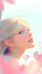 Fototapeta premium Romantic beauty wallpaper featuring a beautiful woman in a floral painting 