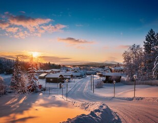 Winter sunset over a snowy town in the northern region