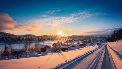 Winter sunset over a snowy town in the northern region
