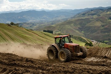 Obraz premium A tractor plowing soil on a hillside, showcasing agricultural activity in a mountainous landscape.