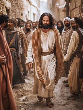 Historical Portrait of Jesus Walking Among Followers in Ancient Street Setting