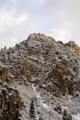 A frozen view of snow-covered mountains in Millcreek Canyon in SLC, Utah.