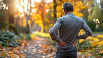 Obraz premium Middle-Aged Man Experiencing Lower Back Pain in Autumn Park Setting with Vibrant Foliage