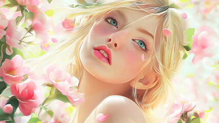 Romantic beauty wallpaper featuring a beautiful woman in a floral painting 