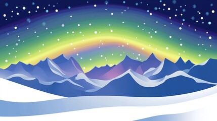 Obraz premium A colorful aurora borealis shines over a snow-covered mountain range in a night sky dotted with stars.