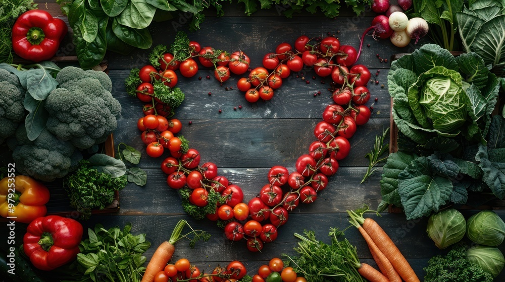 Wall mural a vibrant heart of fresh tomatoes framed by an array of colorful vegetables on a rustic wooden table