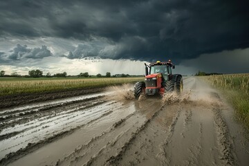 A tractor splashes through muddy terrain under a stormy sky during agricultural work.