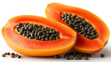 Two halves of a ripe papaya with black seeds on a white background.