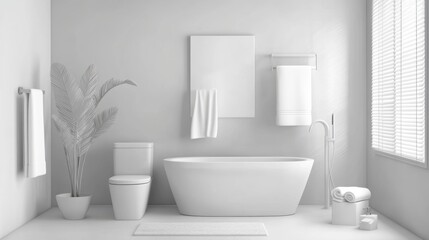 Fototapeta premium Luxury bathroom interior with white walls with white bathtub and sink with vertical mirror standing in stylish bathroom in apartment with panoramic window on city view,minimal,3D rendering.