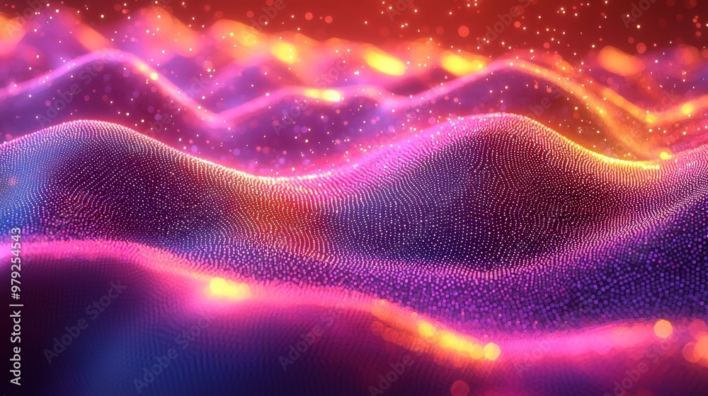Poster colorful abstract waves of light undulating in a dynamic pattern against a dark background, creating