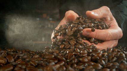 Freeze Motion of Whole Roasted Coffee Beans in Roastery Mill , Filmed on High Speed Cinematic Camera at 1000 FPS