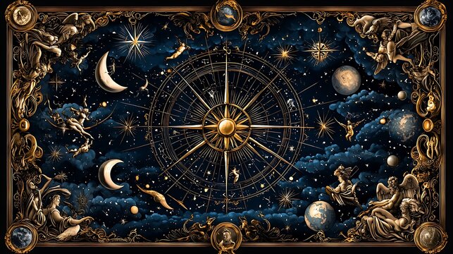 A celestial compass adorned with angels and stars guides the heavens.