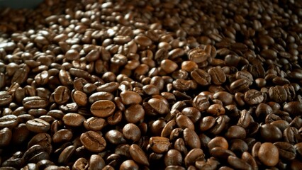 Freeze Motion of Whole Roasted Coffee Beans in Roastery Mill , Filmed on High Speed Cinematic Camera at 1000 FPS