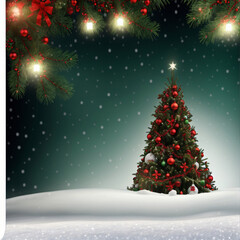 Obraz premium Christmas background. Xmas tree with snow decorated with garland lights, holiday festive background. Widescreen frame backdrop. 