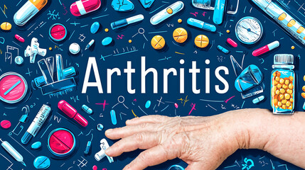 An elderly hand rests on a surface decorated with various pills, medical tools, and medicine bottles symbolizing arthritis management and treatment options.