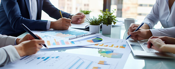 Business team collaborating on financial strategies during a meeting in an office with charts and graphs on the table