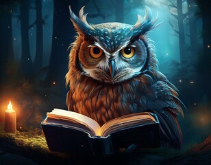Obraz premium owl reading a book in a mysterious forest