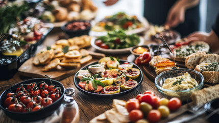 A table filled with delicious cold appetizers and salads. Perfect for a catered party at a restaurant, with small bites, snacks, and appetizers.
