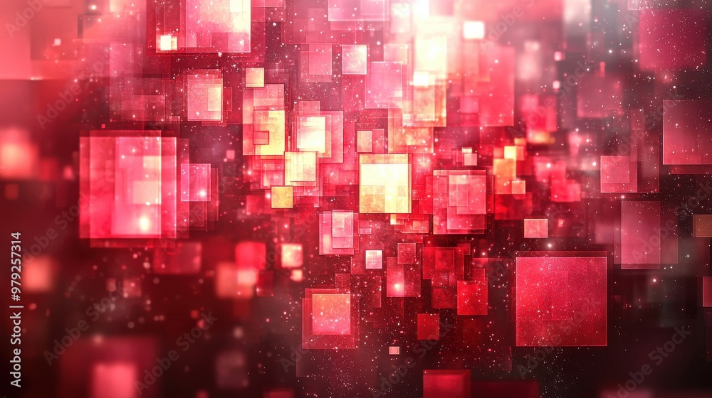Poster abstract design with floating red and pink squares against a blurred, illuminated background creatin