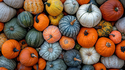 Pile of Harvested Pumpkins and Gourds on a Rustic Farm in Autumn