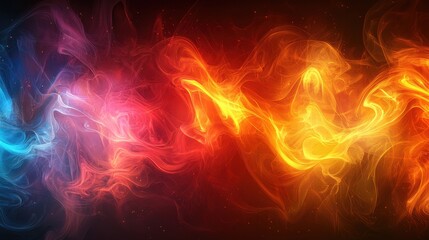 Dynamic abstract swirl of vibrant colors showcasing blue, pink, orange, and yellow hues in a smoky pattern against a dark background