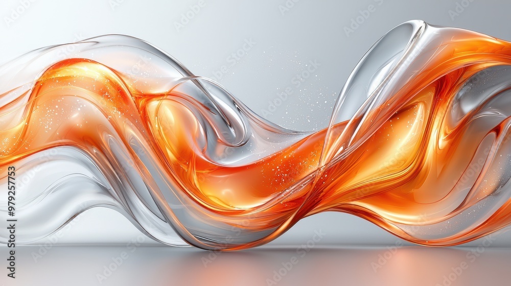 Poster flowing abstract design with orange and silver waves creating a dynamic visual effect in a minimalis