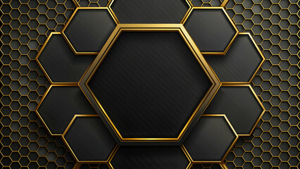 Black and gold hexagon pattern background, geometric, modern, abstract, elegant, luxury, metallic, design, seamless, texture