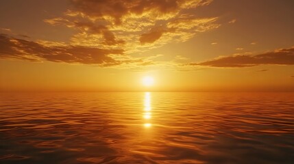 The sun sets in a brilliant golden display over a placid sea, with a warm, amber glow spreading across the horizon. The clear, unobstructed sky enhances the calm, serene atmosphere, and the 