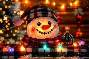 Festive Snowman with Colorful Lights and Plaid Hat in a Cozy Christmas Setting with Soft Glowing Background