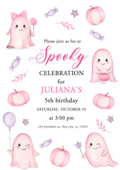 Spooky celebration for Birthdays. Pink vector watercolor invitation template. Frame and lettering with pumpkin, cute ghost, sweets. Hand painted illustration.