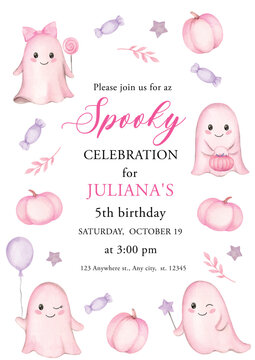 Spooky celebration for Birthdays. Pink vector watercolor invitation template. Frame and lettering with pumpkin, cute ghost, sweets. Hand painted illustration.