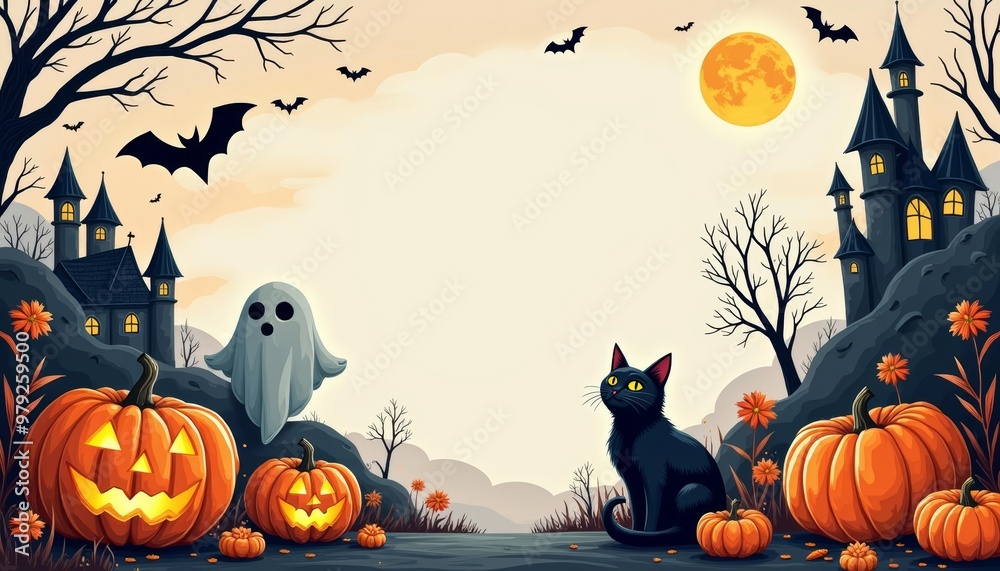 Wall mural  Spooky Halloween scene with jackolanterns ghost and black cat